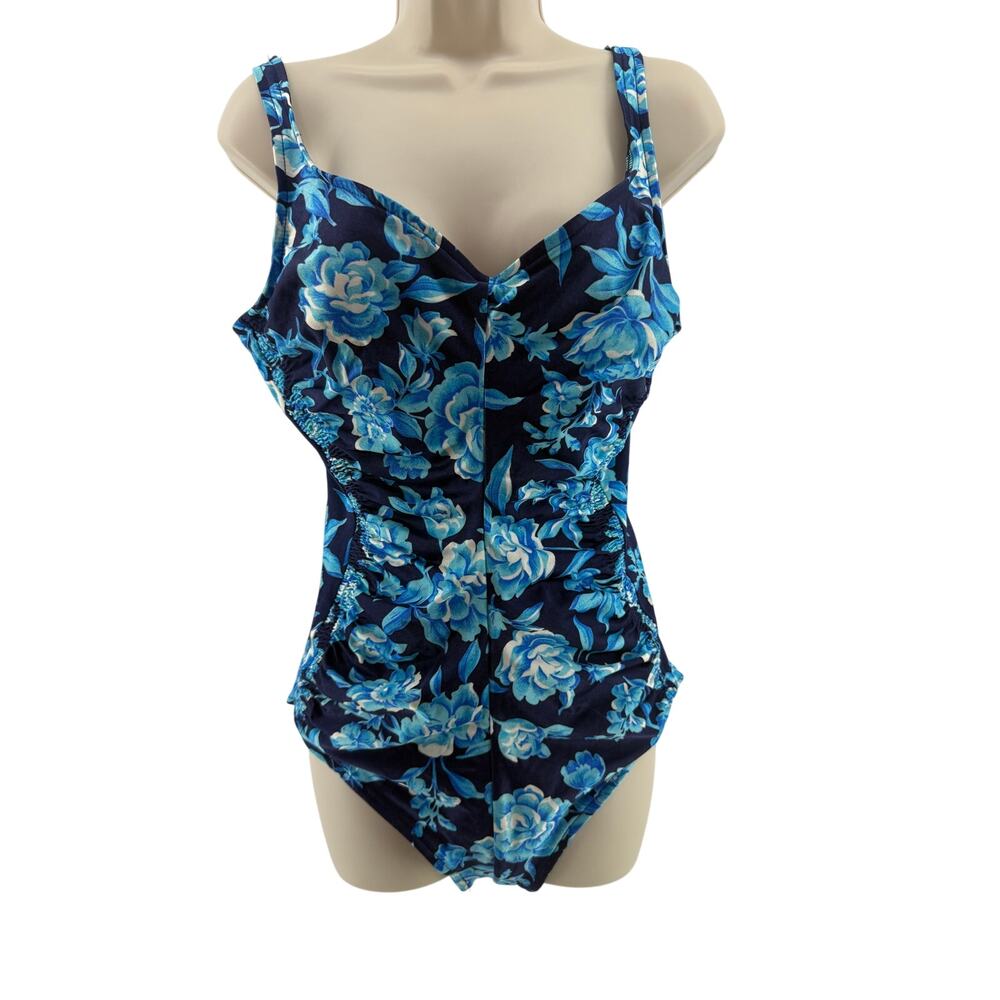 Vintage Maxine Of Hollywood Spa Shirred Leg One Piece Swimsuit Blue Floral 16